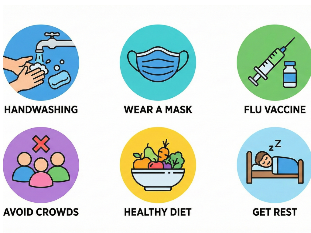 Handwashing, mask-wearing, and vaccination shown as flu prevention steps
