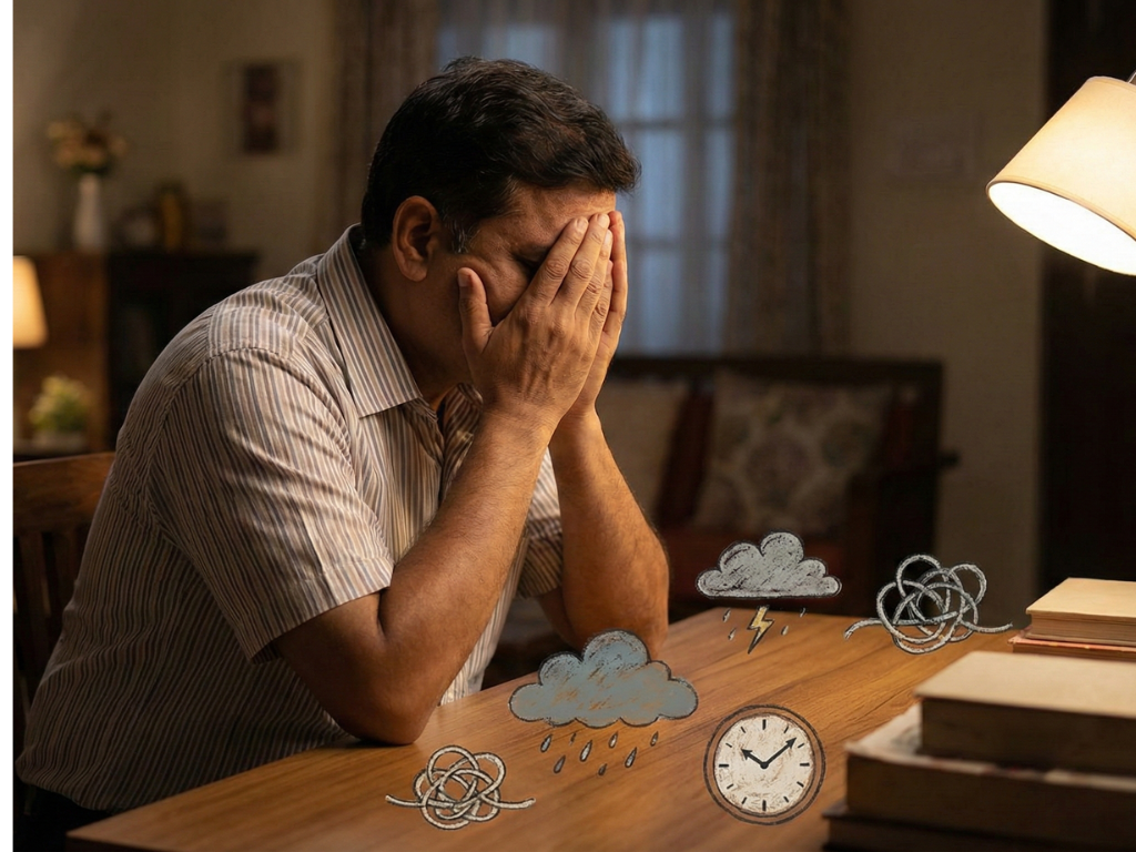 Person feeling anxious with worry clouds, tight chest, and overwhelmed expression.