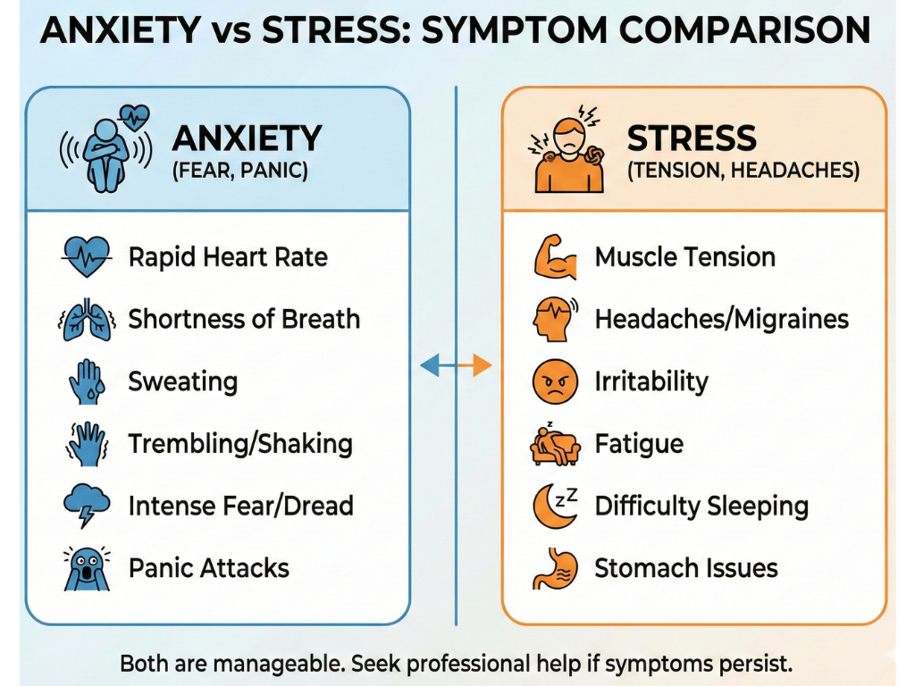 Side-by-side visual showing symptoms of anxiety and stress.