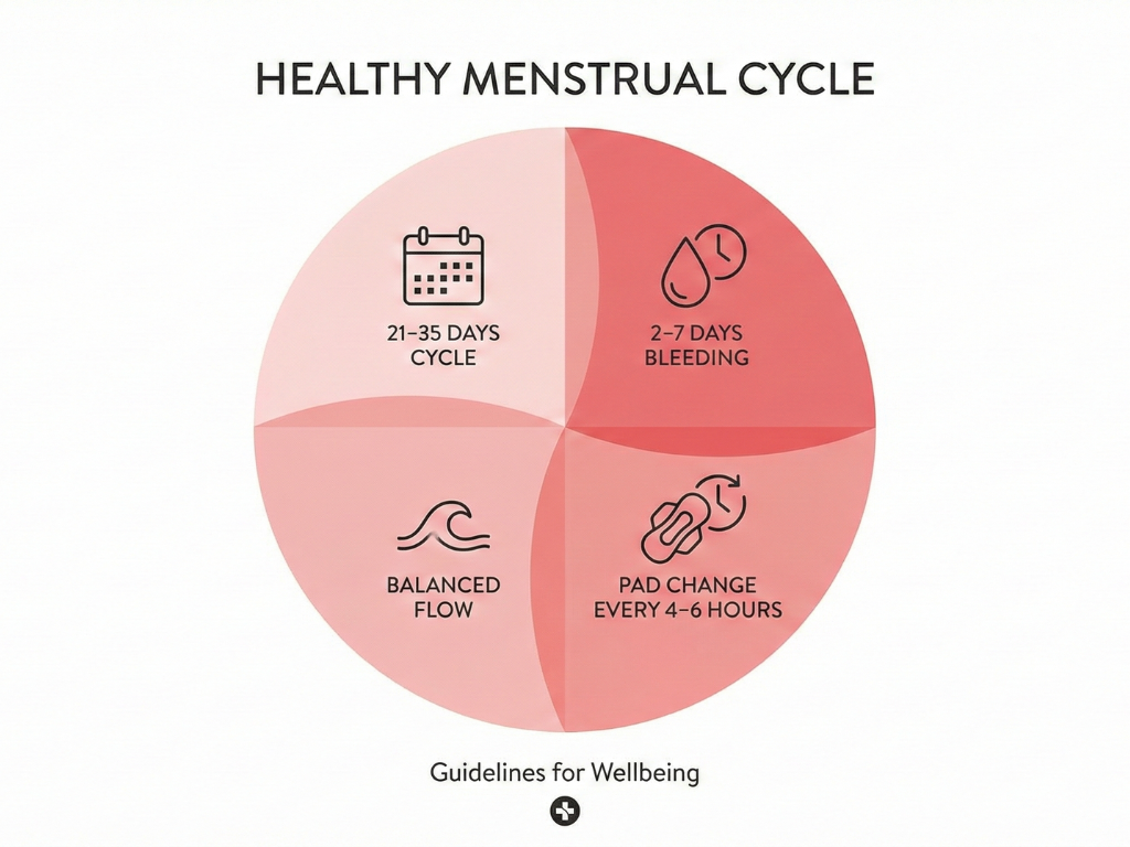 Chart showing features of a healthy menstrual cycle including cycle length, bleeding duration, flow, and color.