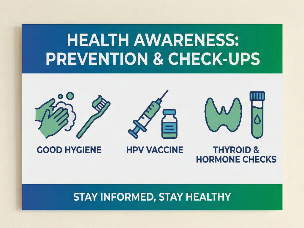 Preventive habits infographic including hygiene, vaccine, and hormonal check-ups.