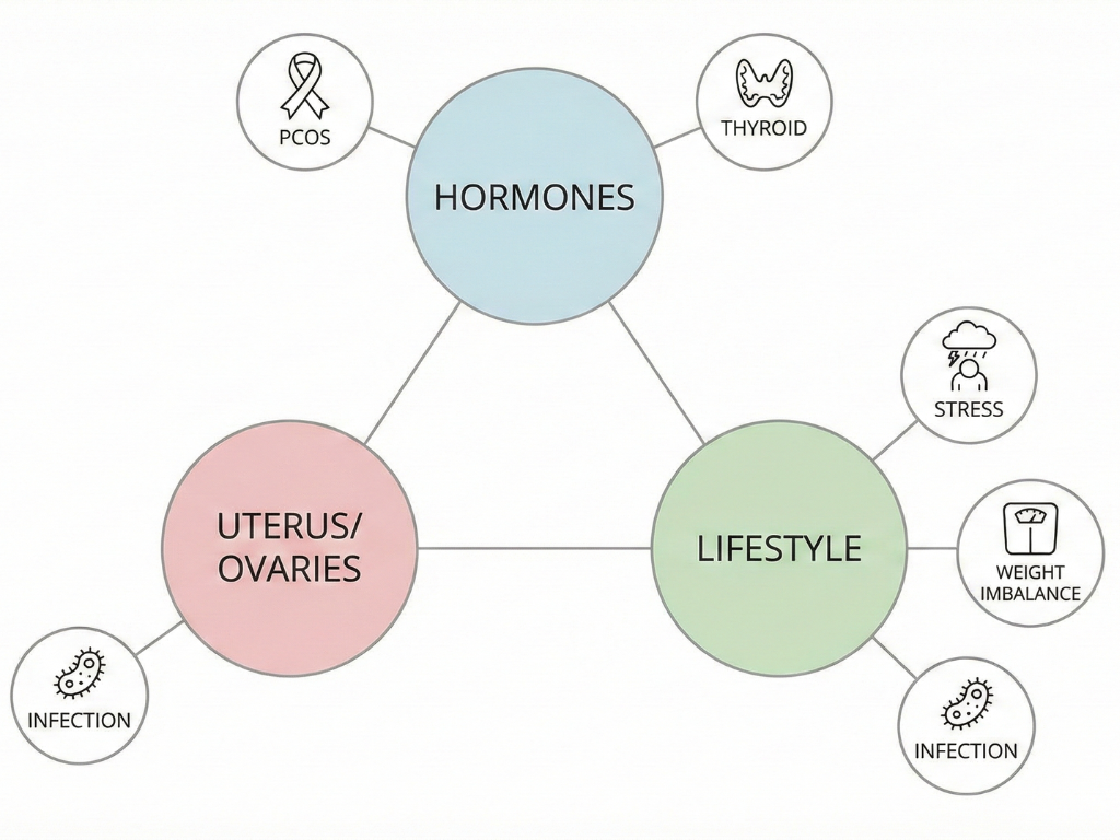 Infographic showing lifestyle, hormonal, and medical causes affecting periods.
