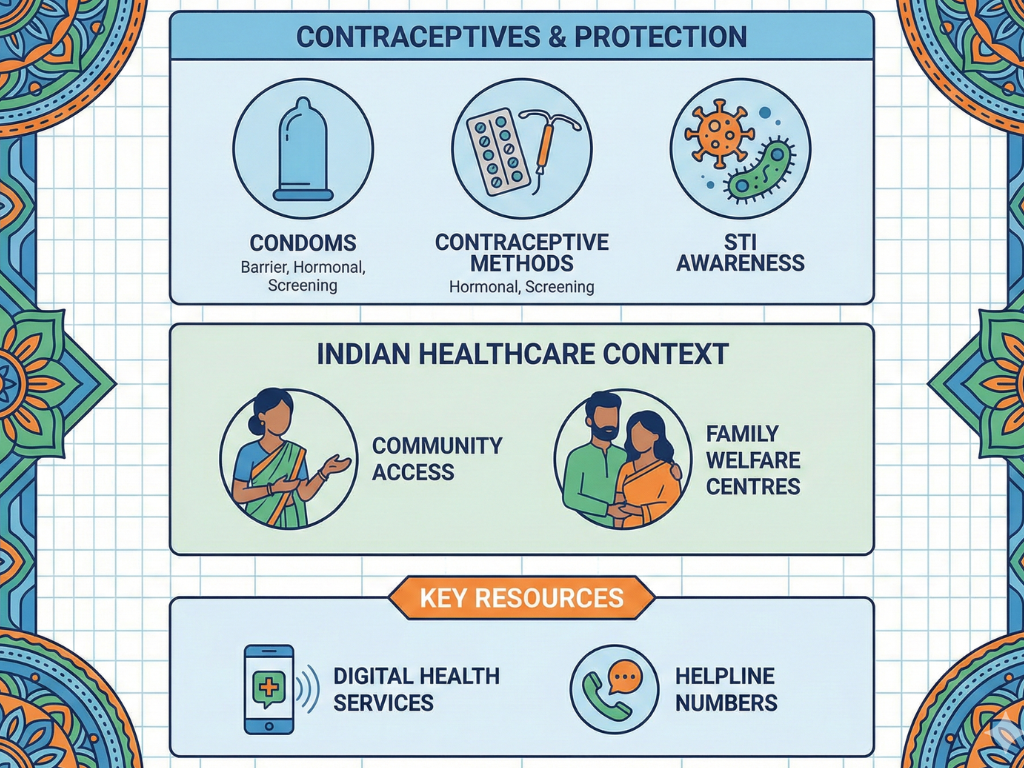 Illustration explaining what unprotected sex means with symbols for condoms, contraception, and STI prevention.