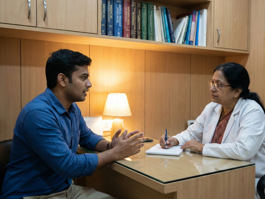Young adult consulting a doctor for genital symptoms.