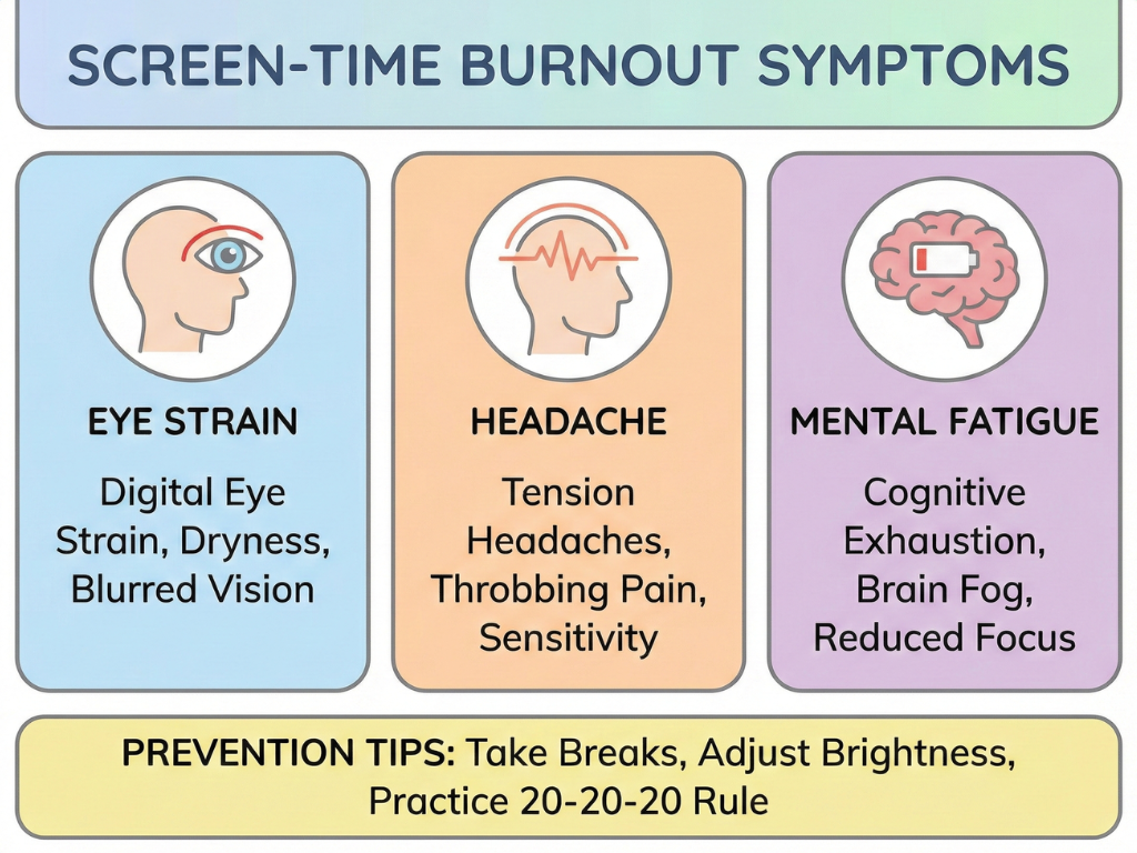 Infographic showing what screen-time burnout looks like with icons for tired eyes, headache, and fatigue.
