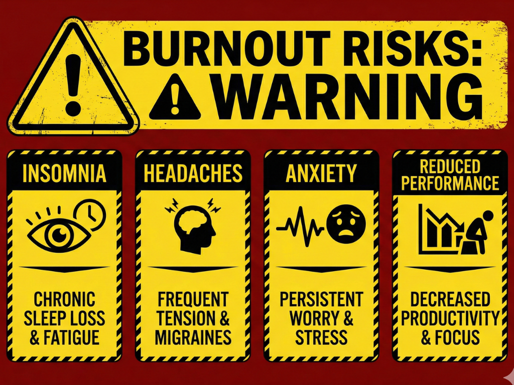 Warning graphic showing dangers like sleep problems, headaches, and poor productivity.