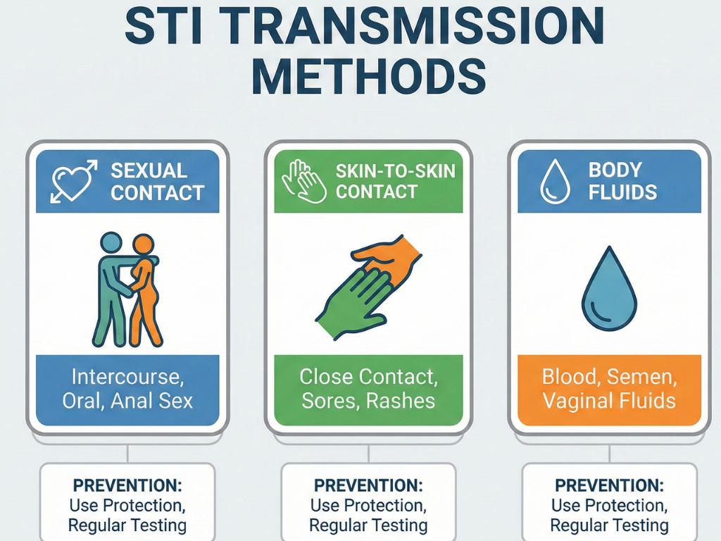 Medical infographic explaining how sexually transmitted infections spread.