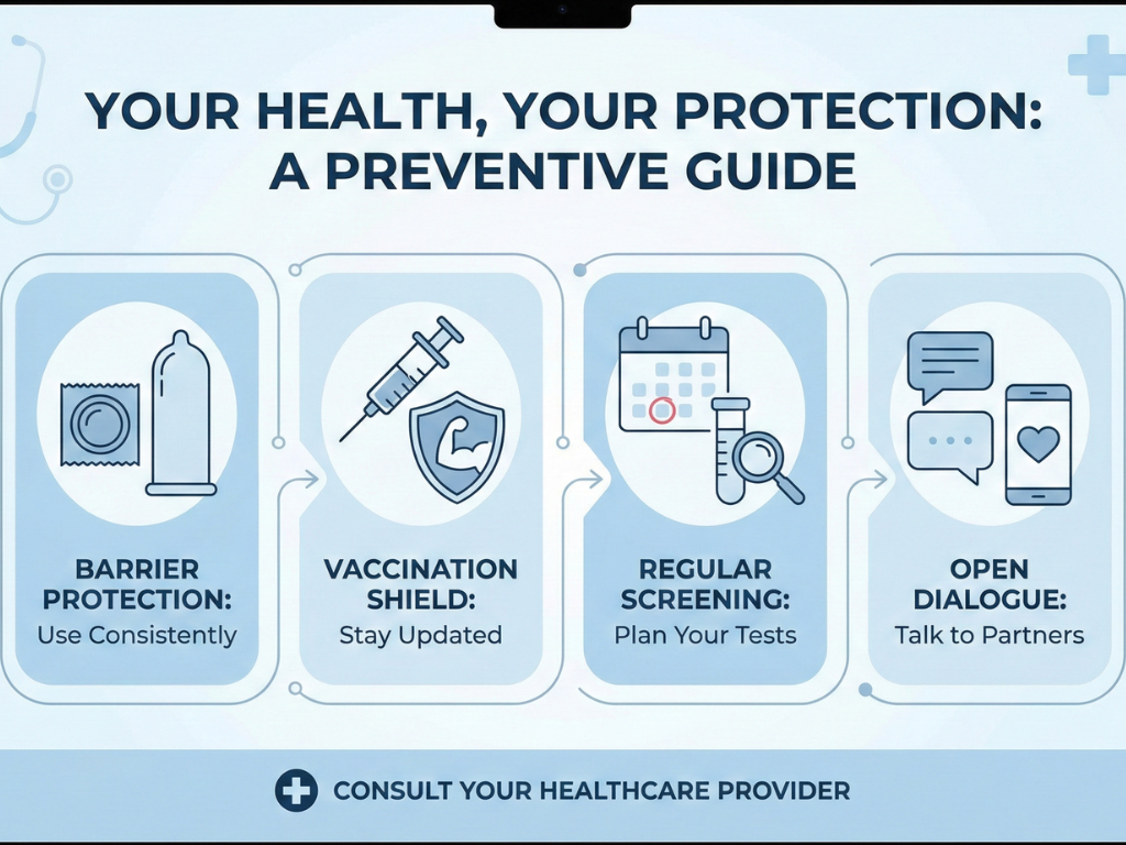 Infographic showing safe sex practices like condom use, regular testing, and communication.