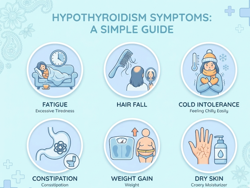 List of hypothyroidism symptoms with icons such as fatigue, dry skin, and weight gain.