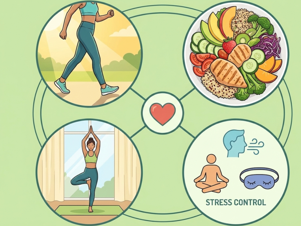 Healthy lifestyle habits for diabetes such as exercise, diet, and stress control.