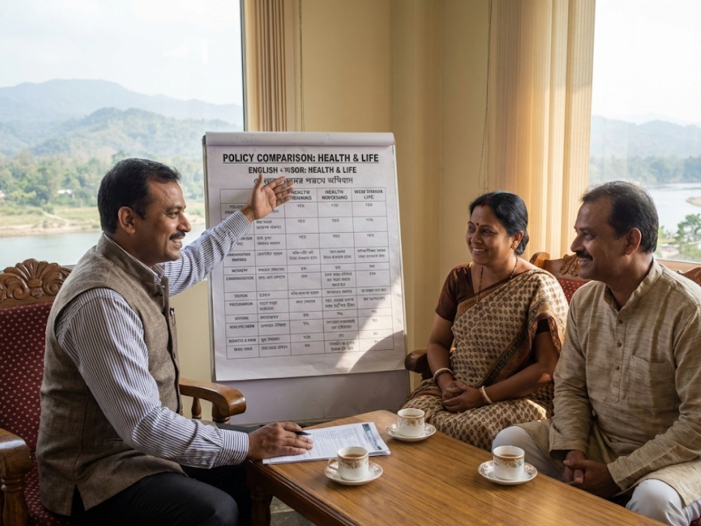 Insurance agent in Silchar explaining different health insurance plans to a couple using simple charts.