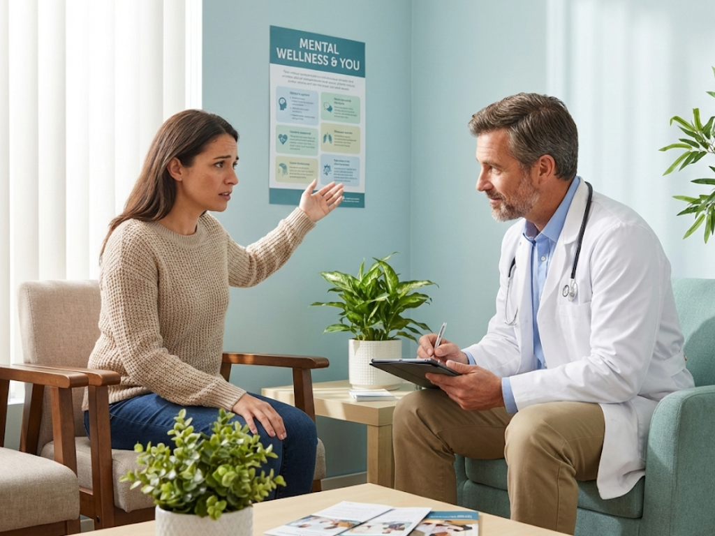 Illustration of a person seeking help for persistent sadness, worry, panic, or sleep problems.