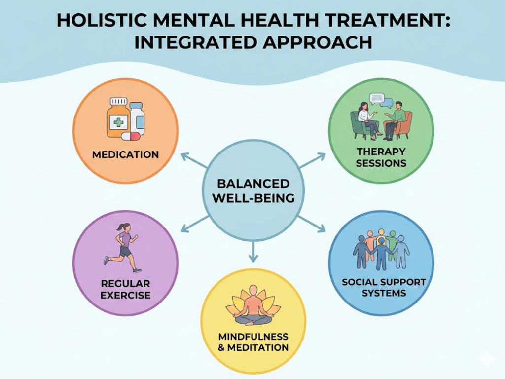 Visual overview of medicines, therapy, and lifestyle changes used in treating psychiatric disorders.