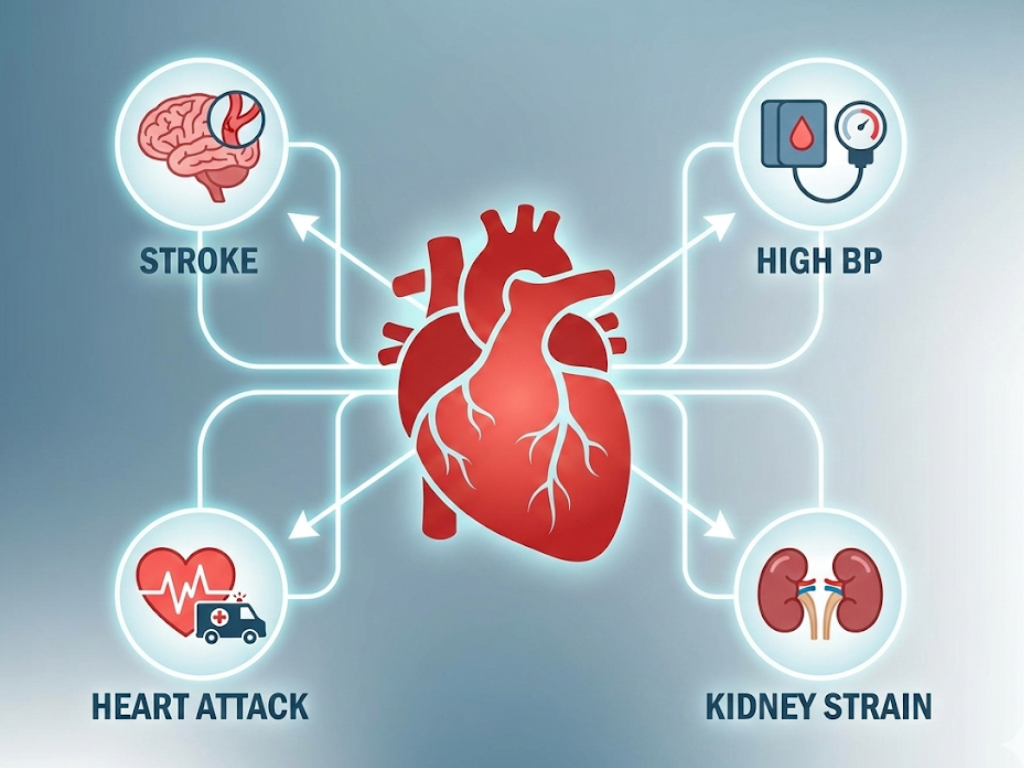 Complications like heart attack, stroke, hypertension illustrated around a heart.