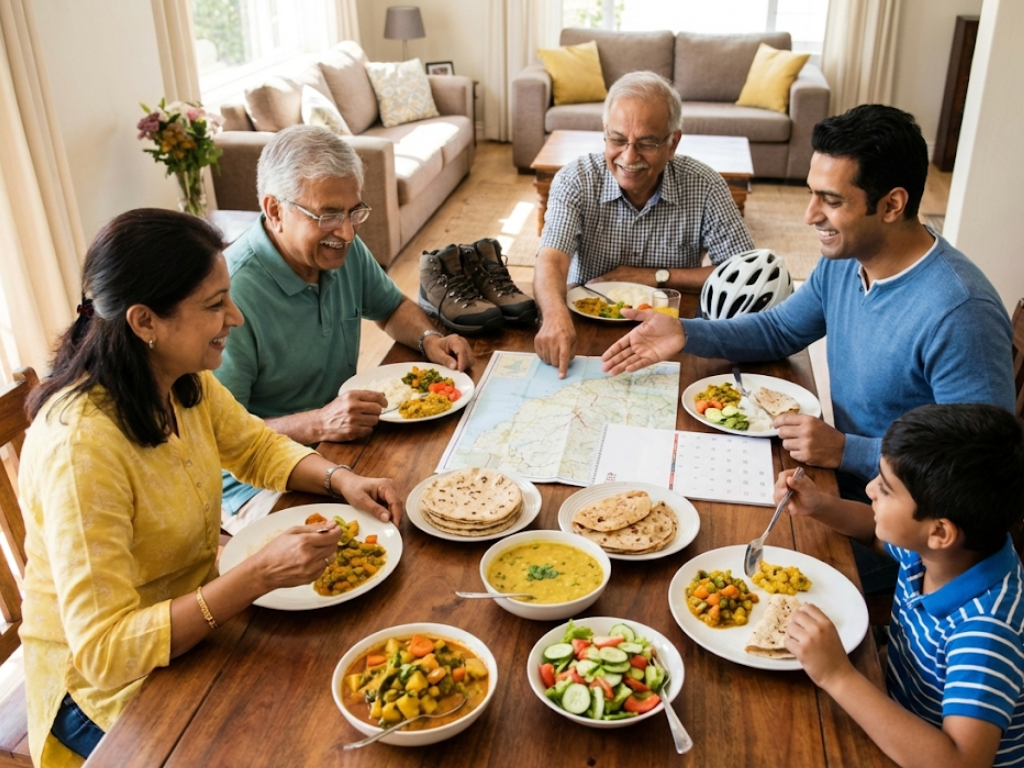 Family enjoying balanced home-cooked meals and an active daily routine
