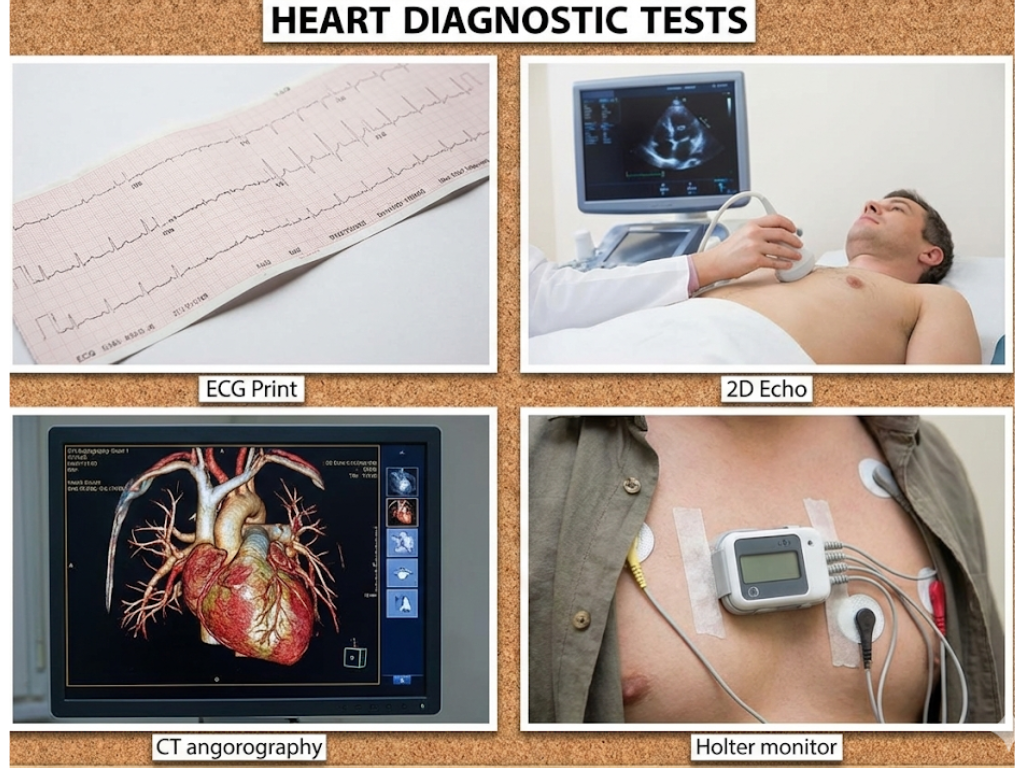 Different diagnostic methods such as ECG, stress test, and CT angiography used by heart specialists.