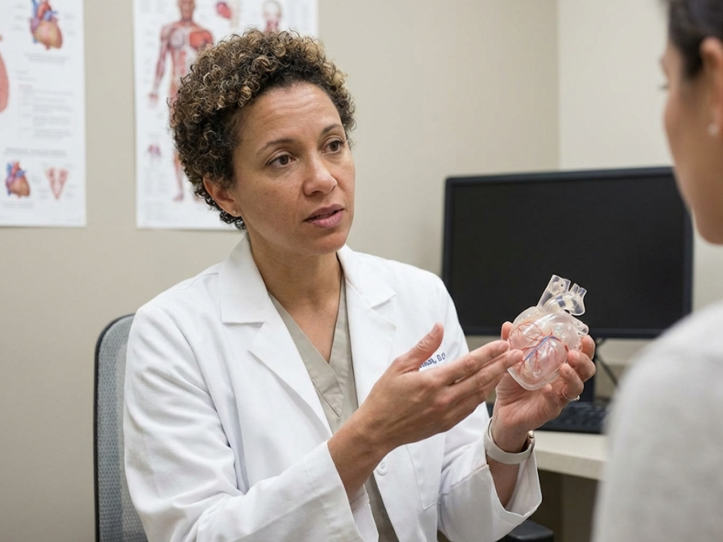 A professional cardiologist holding a heart model to explain heart functions.
