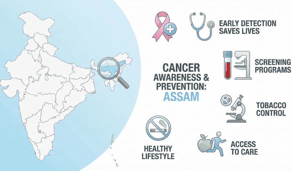 Map highlighting Assam as a high cancer burden state in India