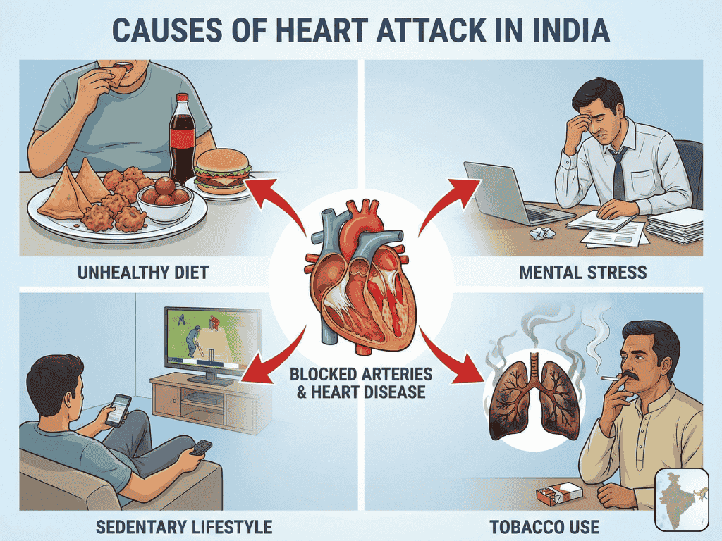 Major causes of heart attack in India including unhealthy diet, stress, inactivity, and smoking