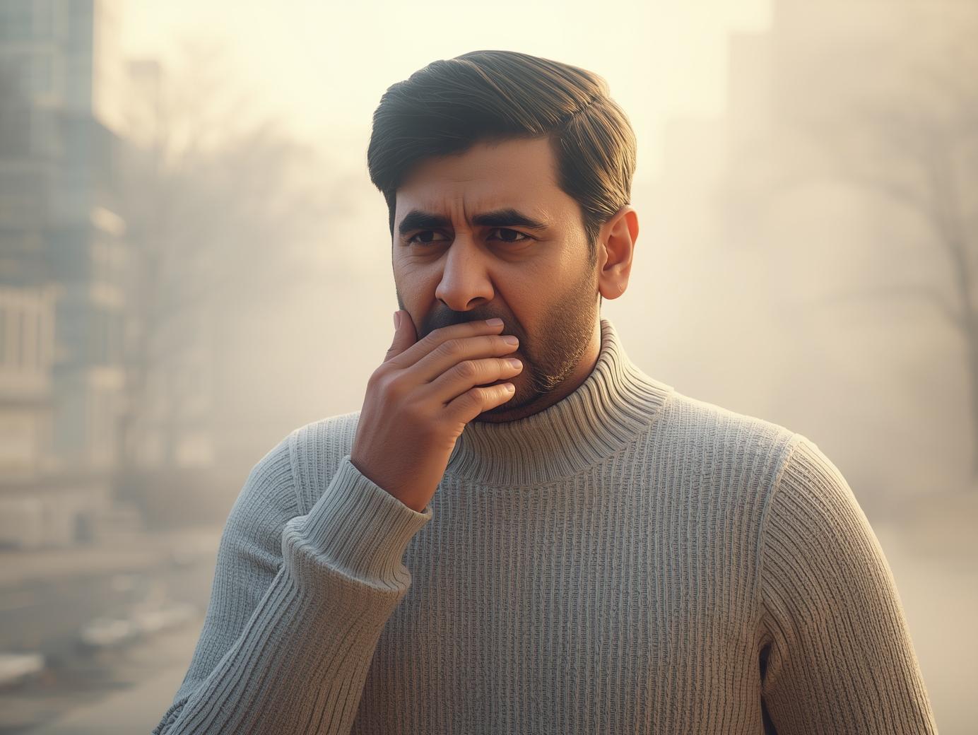 Indian adult experiencing seasonal cough due to winter air pollution