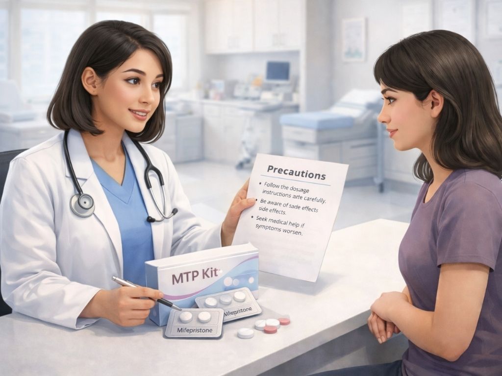 Doctor advising patient about safety precautions before taking MTP Kit medication