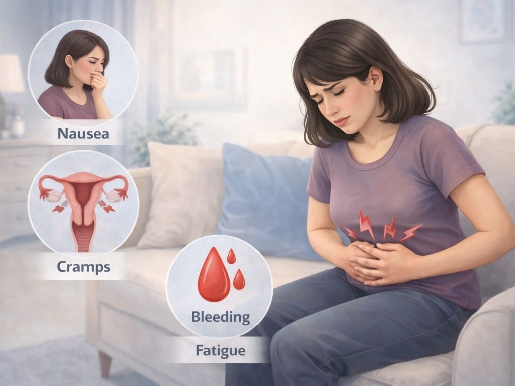 Woman experiencing cramps and discomfort as common side effects after taking MTP Kit