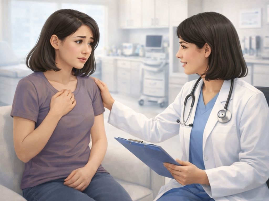 Woman visiting doctor after medical abortion to discuss symptoms and recovery